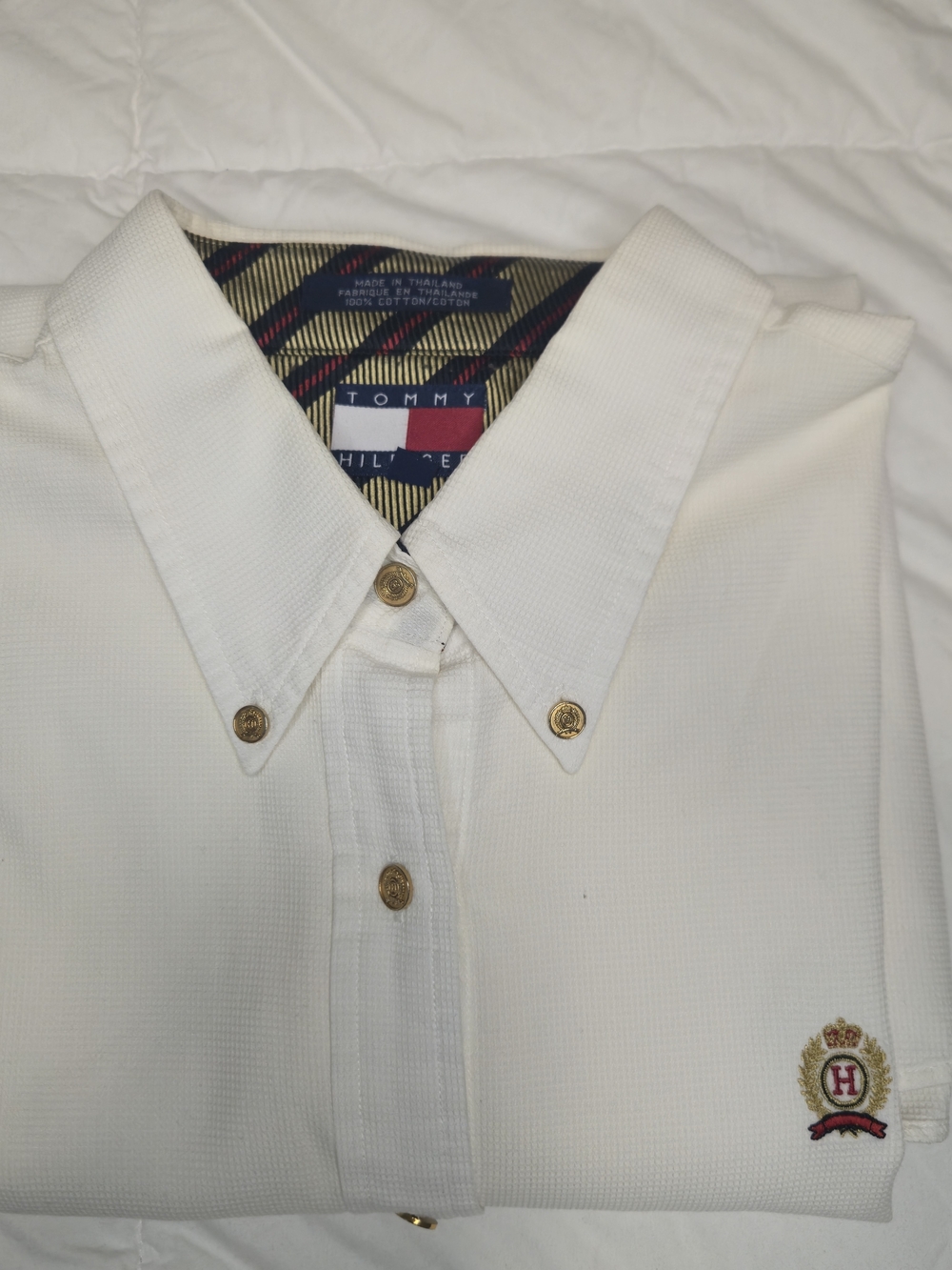 Tommy Hilfiger Button Down Shirt Ivory/White Gold Buttons Size 16 0619